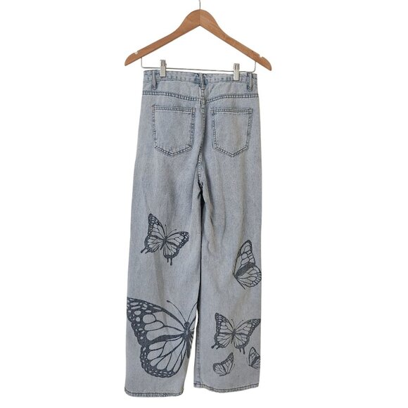 Shein Butterfly Print Light Wash Wide-Leg Jeans Boho Fairy Cottagecore Cute - Picture 3 of 11